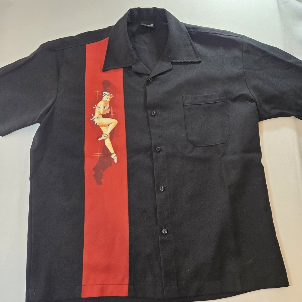Steady Last Call Bowling Shirt Mens Medium Black Pin Up Girl Rockabilly Retro